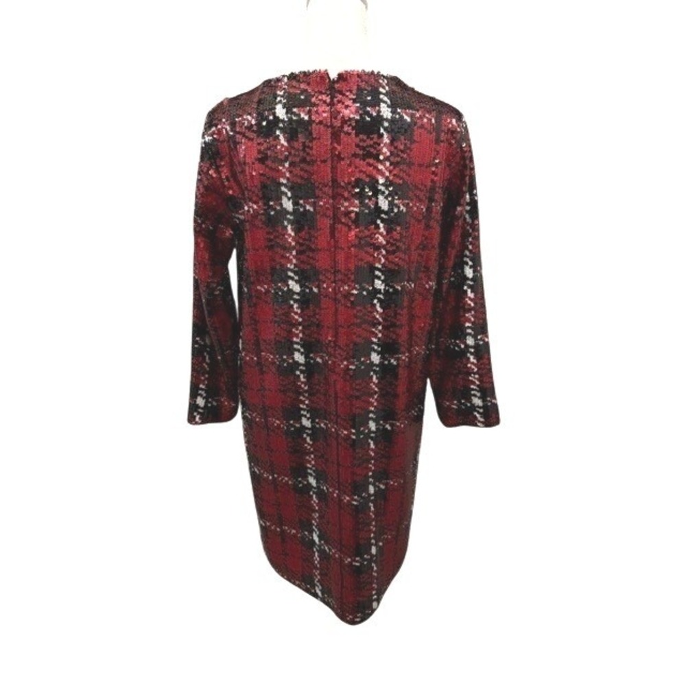 Tuckernuck Womens Medium Red Sequin Tartan Plaid Shift Dress 3/4 Sleeve Mini - Picture 3 of 9